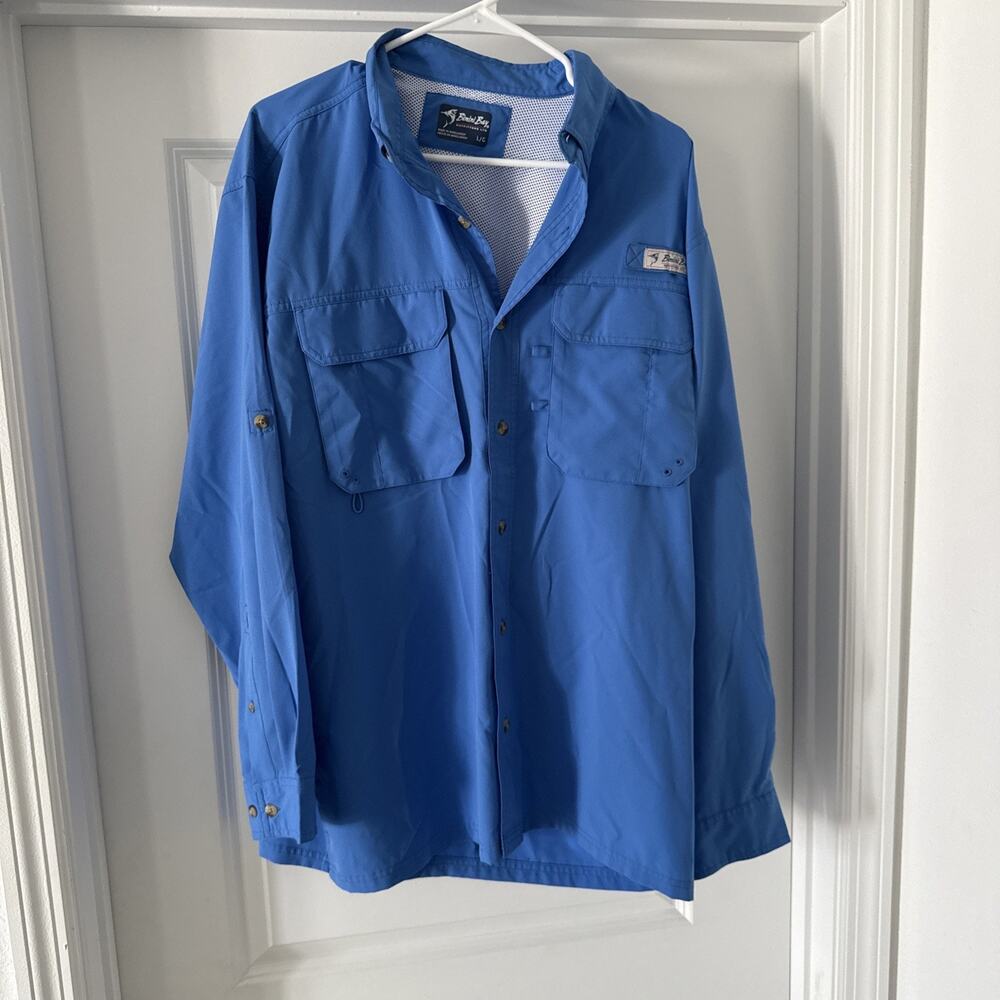 Bimini Bay Fishing Shirt Blue L Vented Pockets UPF Short Sleeve Outdoor